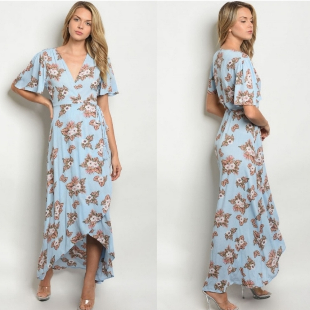 Blue flutter sleeve floral maxi wrap dress